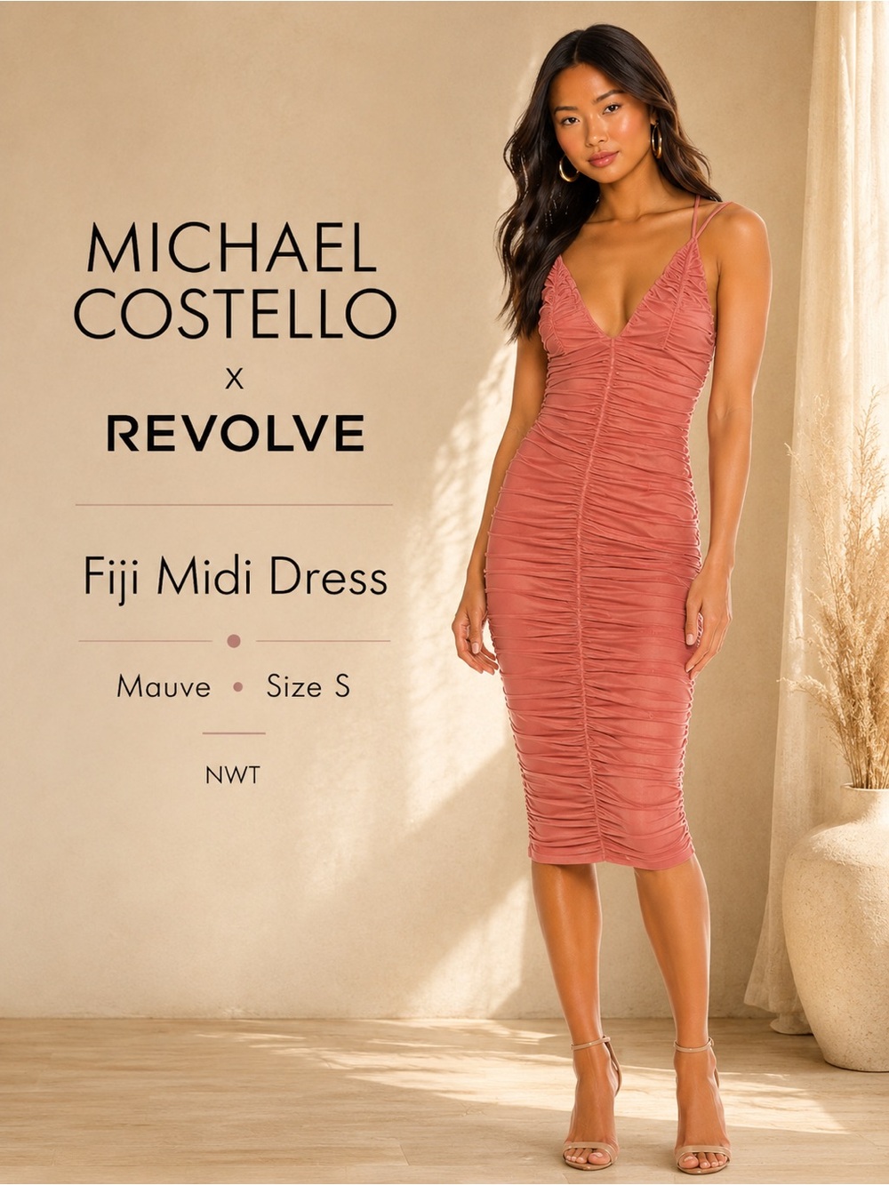 Michael Costello x REVOLVE Fiji Midi Dress Mauve Ruched Mesh S NWT